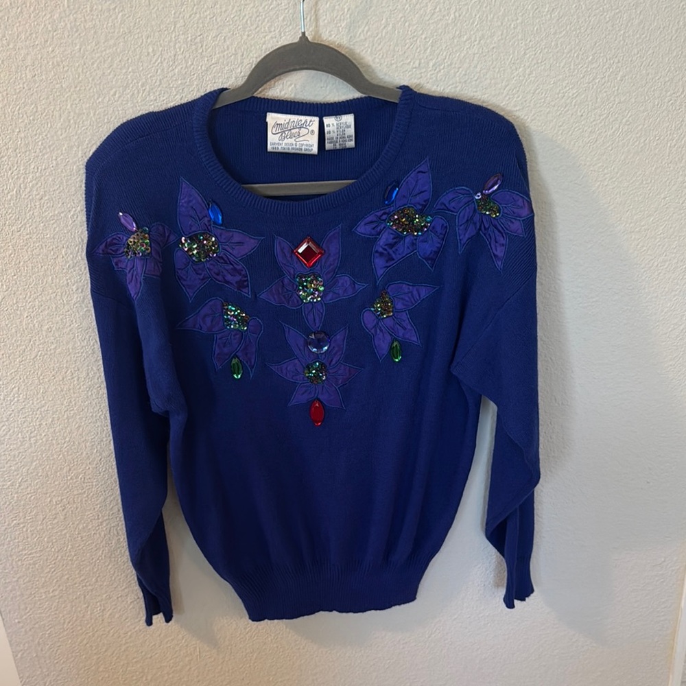 Midnight Blues Vintage 1989 Christmas Sweater in Royal Blue with Embellishments